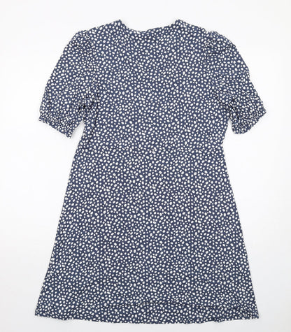 Marks and Spencer Womens Blue Geometric Viscose A-Line Size 14 V-Neck Pullover