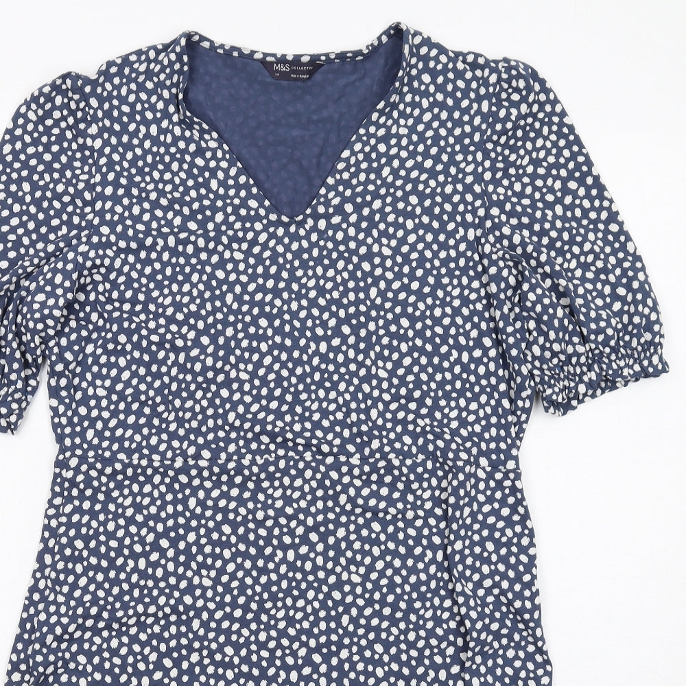 Marks and Spencer Womens Blue Geometric Viscose A-Line Size 14 V-Neck Pullover