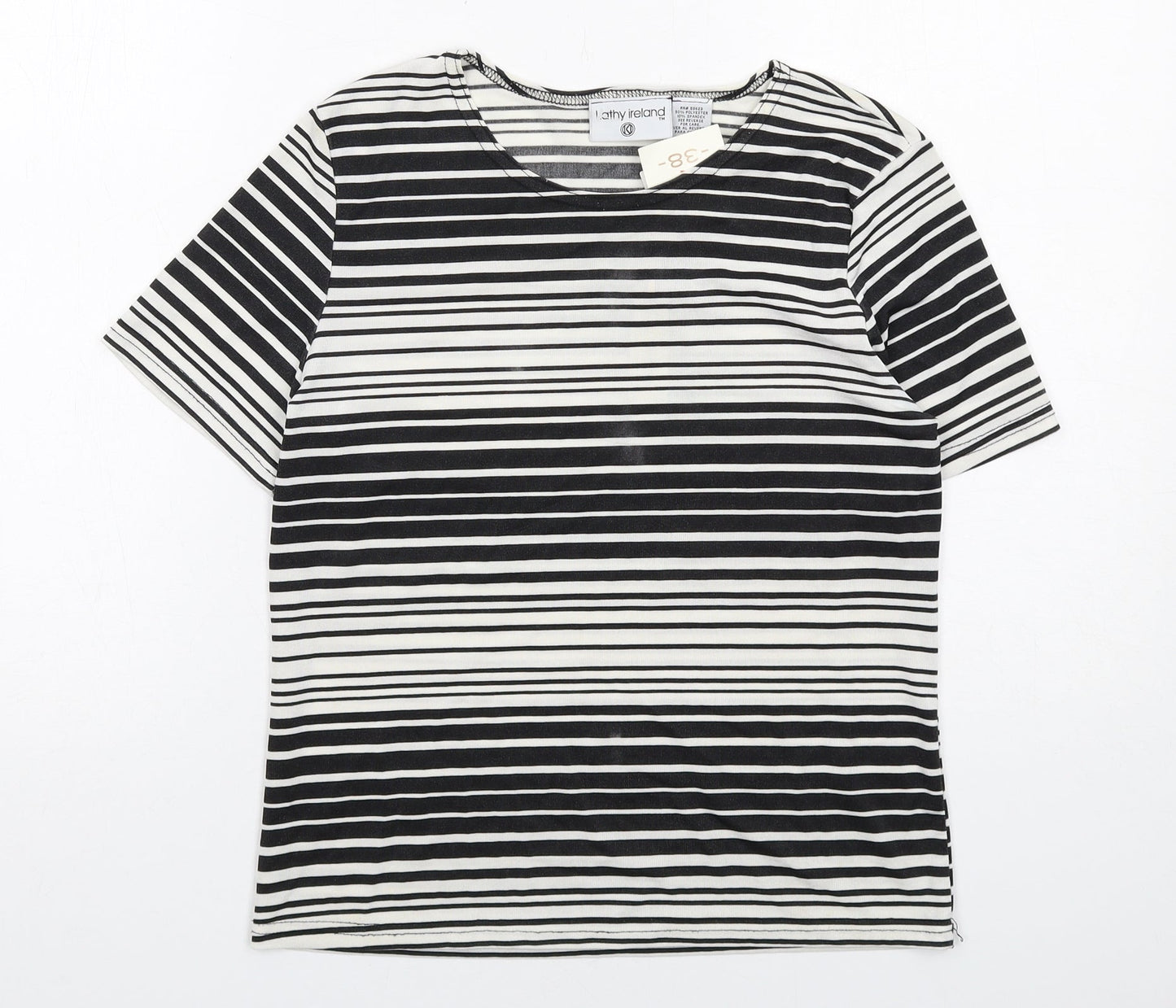 Kathy Ireland Womens Black Striped Polyester Basic T-Shirt Size 10 Boat Neck