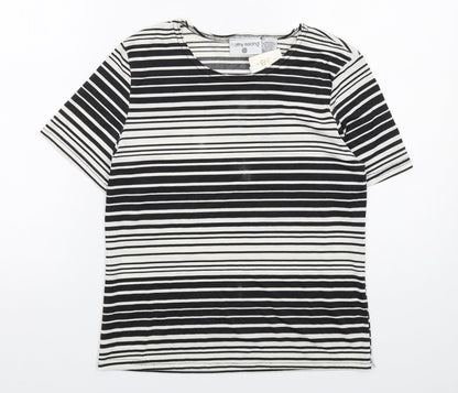 Kathy Ireland Womens Black Striped Polyester Basic T-Shirt Size 10 Boat Neck