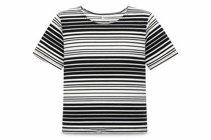 Kathy Ireland Womens Black Striped Polyester Basic T-Shirt Size 10 Boat Neck