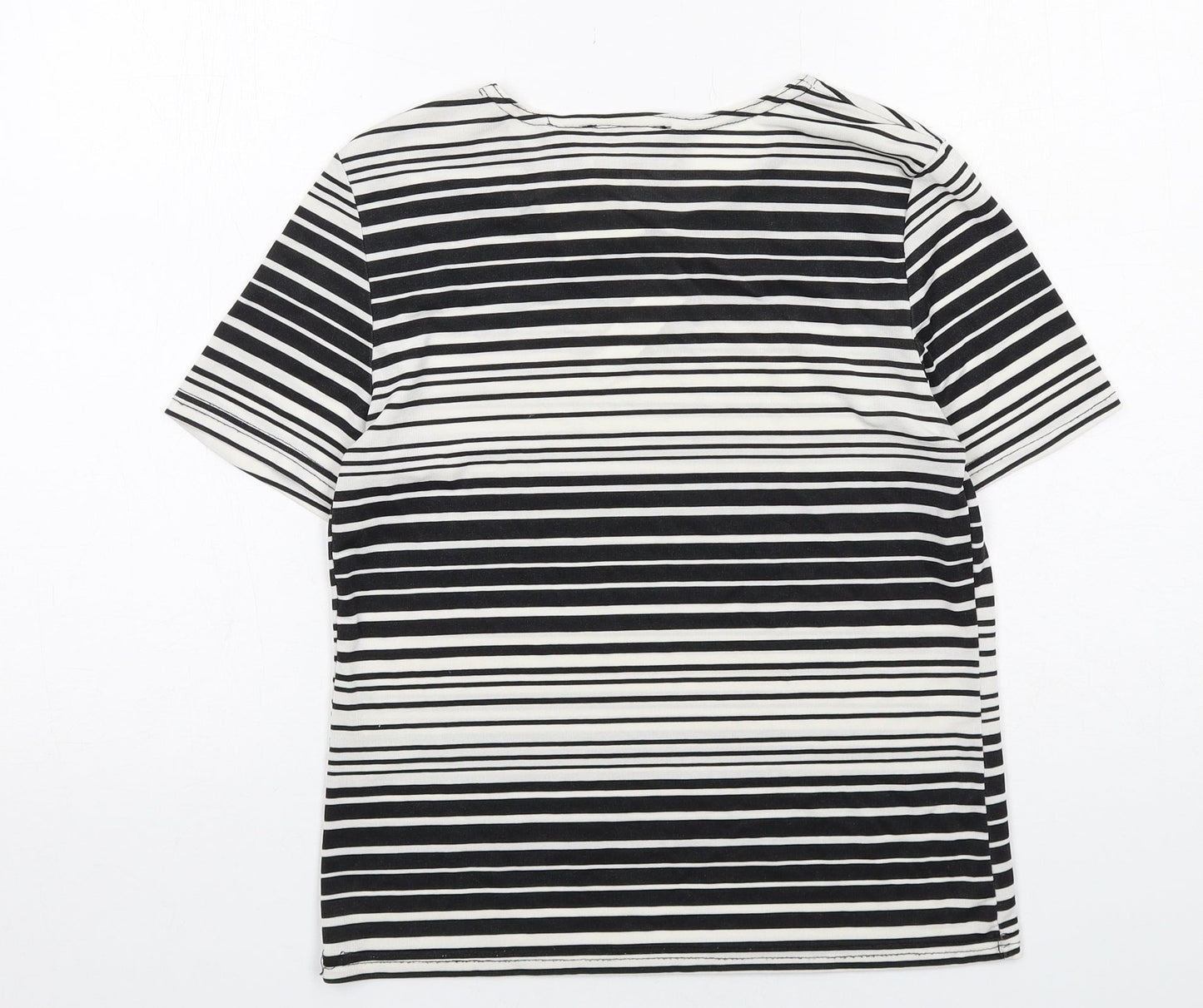 Kathy Ireland Womens Black Striped Polyester Basic T-Shirt Size 10 Boat Neck