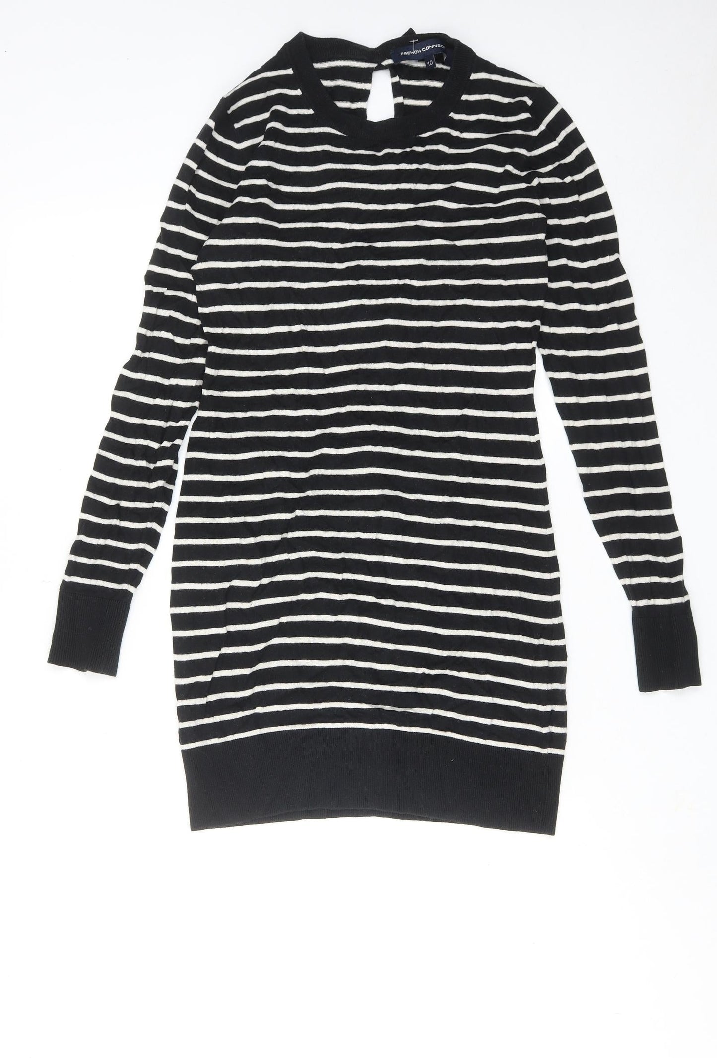 French Connection Womens Black Striped Cotton Jumper Dress Size 10 Round Neck Pullover