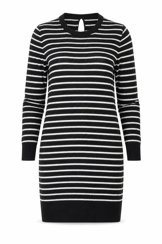 Front view of French Connection women’s black striped cotton jumper dress, size UK 10, round neck pullover