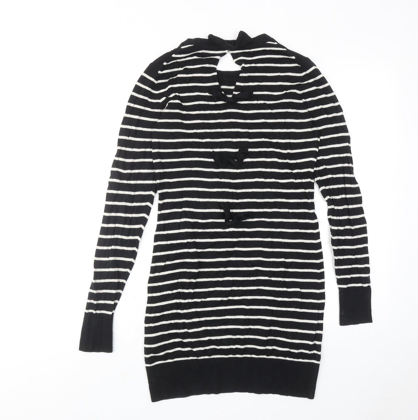 French Connection Womens Black Striped Cotton Jumper Dress Size 10 Round Neck Pullover