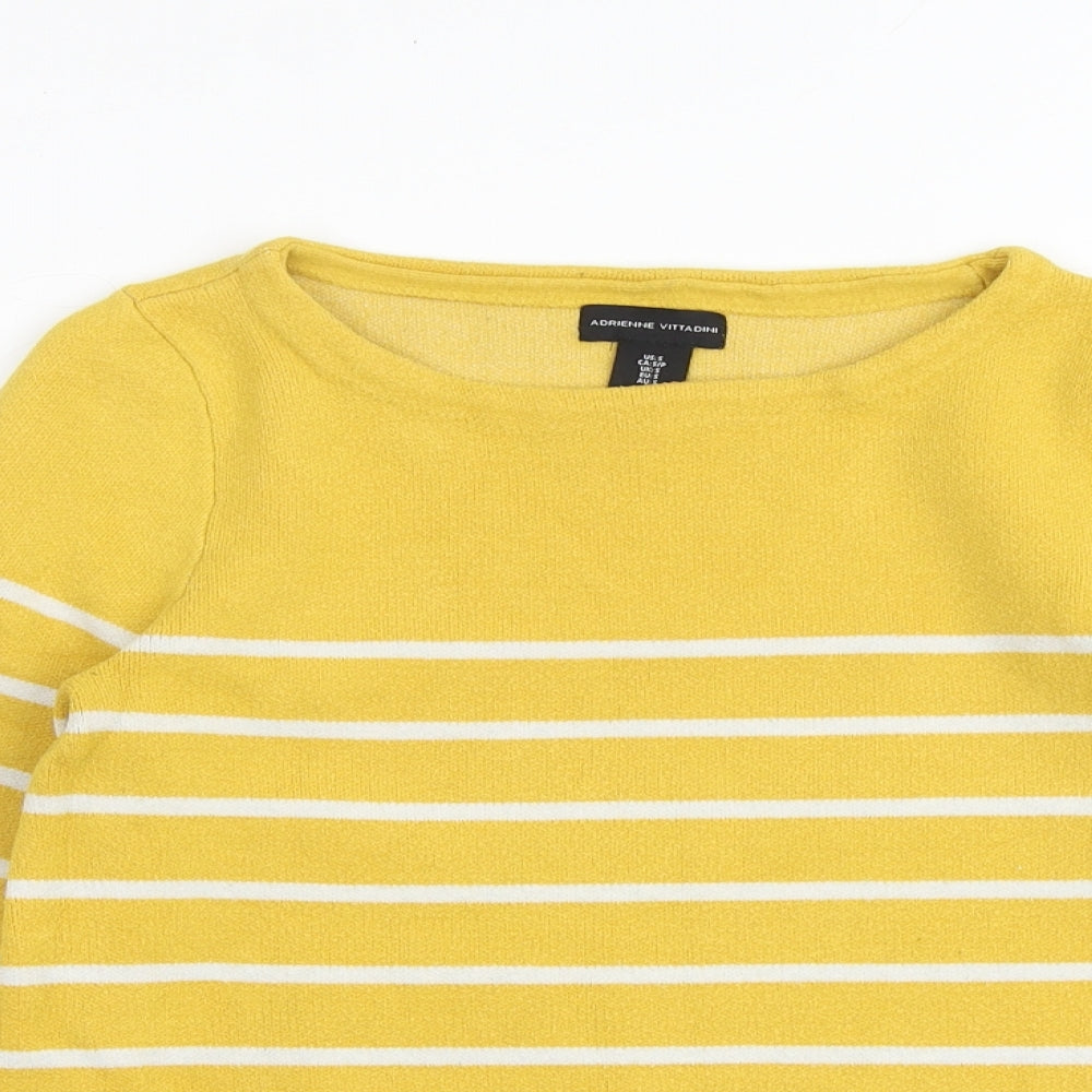 Adrienne Vittadini Womens Yellow Round Neck Striped Viscose Pullover Jumper Size S