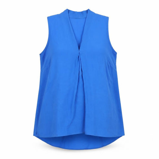 Front view of Roman women’s blue polyester basic tank, size UK 10, v-neck