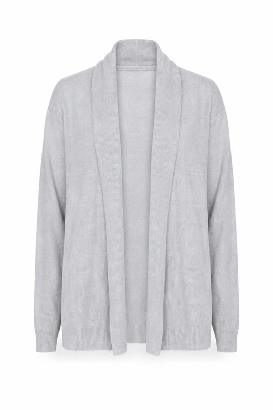 Front view of Maine New England women’s grey v-neck acrylic cardigan jumper, size UK 12