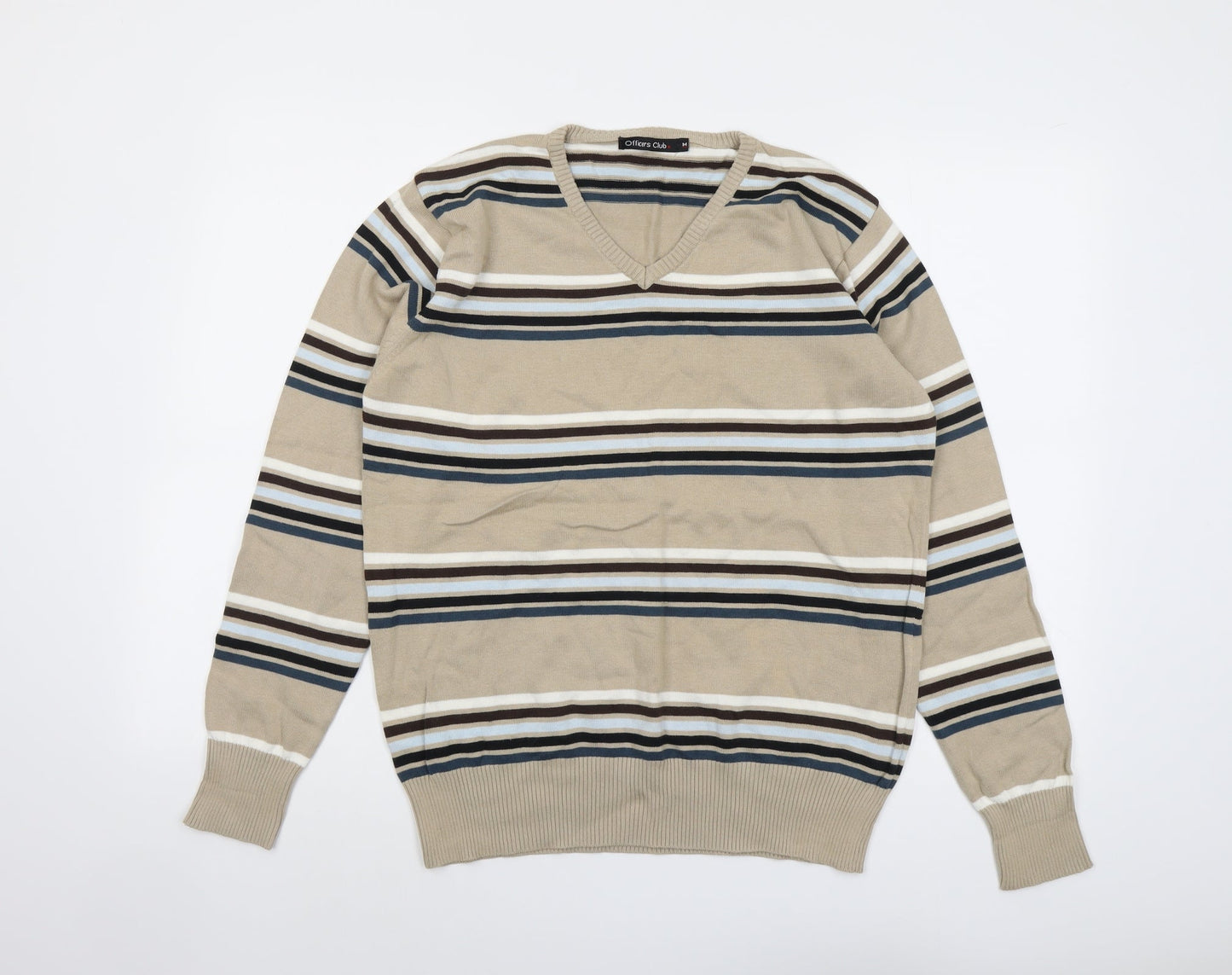 Officers Club Mens Beige V-Neck Striped Cotton Pullover Jumper Size M Long Sleeve