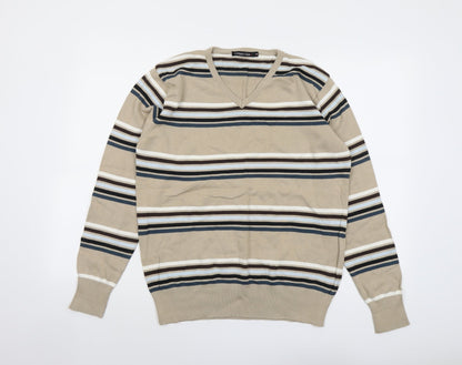 Officers Club Mens Beige V-Neck Striped Cotton Pullover Jumper Size M Long Sleeve