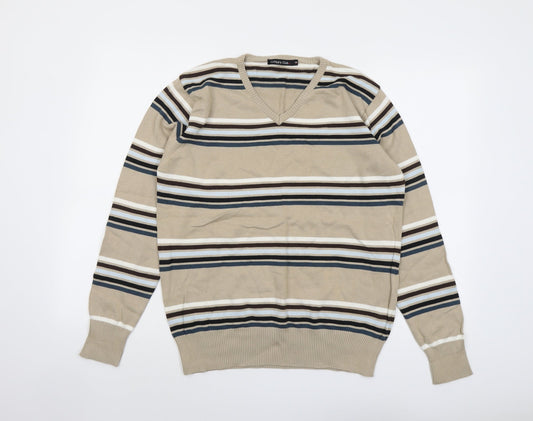 Officers Club Mens Beige V-Neck Striped Cotton Pullover Jumper Size M Long Sleeve
