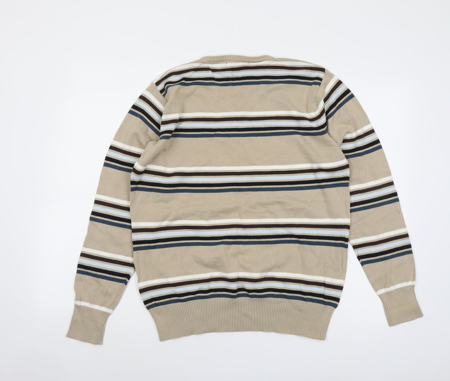 Officers Club Mens Beige V-Neck Striped Cotton Pullover Jumper Size M Long Sleeve
