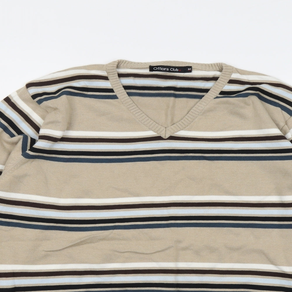 Officers Club Mens Beige V-Neck Striped Cotton Pullover Jumper Size M Long Sleeve