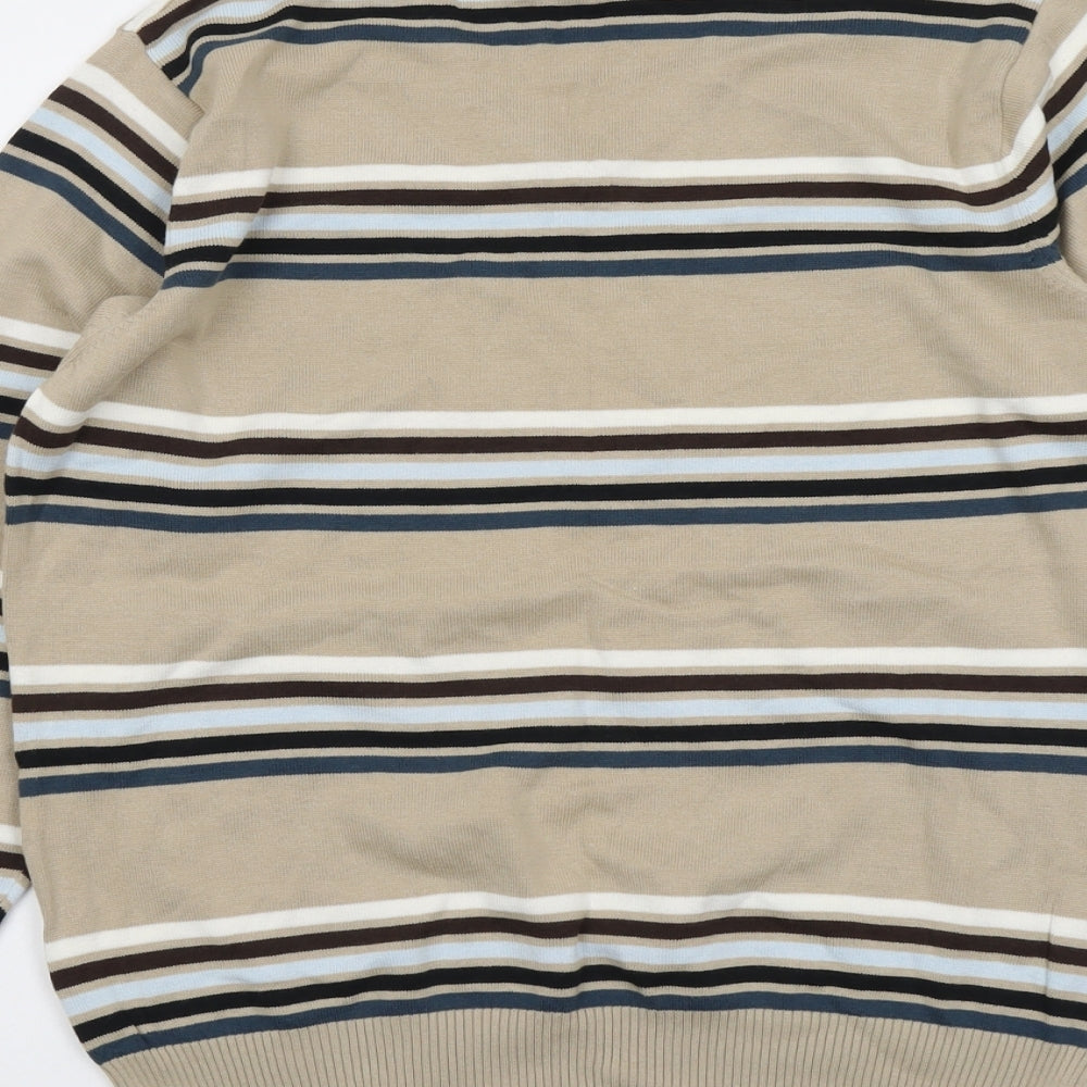 Officers Club Mens Beige V-Neck Striped Cotton Pullover Jumper Size M Long Sleeve