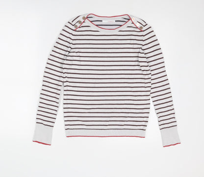 Camaïeu Womens White Round Neck Striped Viscose Pullover Jumper Size S