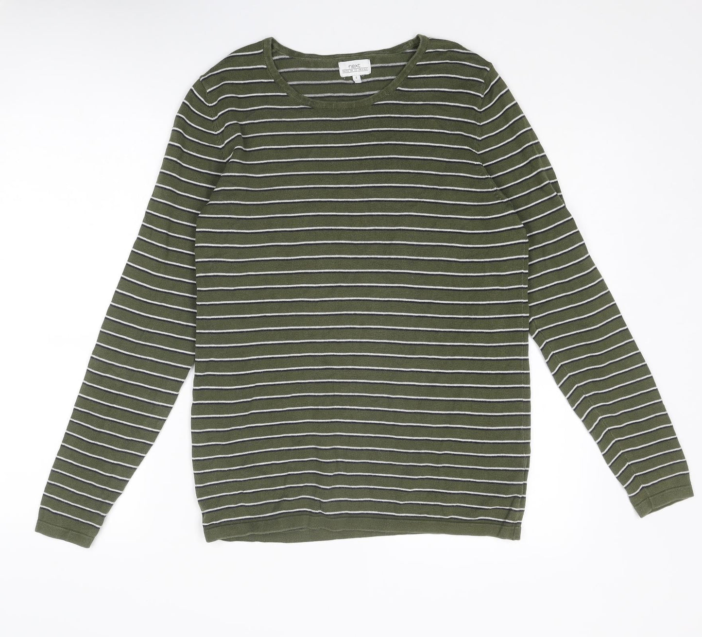 NEXT Mens Green Round Neck Striped Cotton Pullover Jumper Size S Long Sleeve