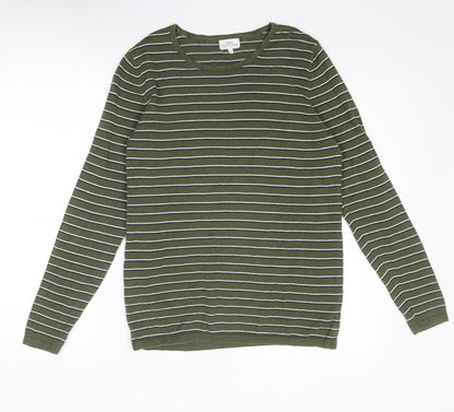 NEXT Mens Green Round Neck Striped Cotton Pullover Jumper Size S Long Sleeve