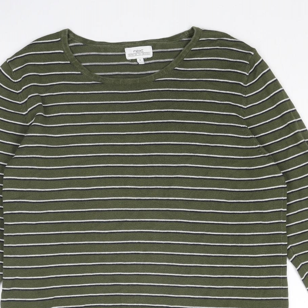NEXT Mens Green Round Neck Striped Cotton Pullover Jumper Size S Long Sleeve