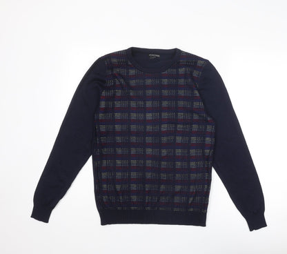 Selection Mens Blue Round Neck Geometric Acrylic Pullover Jumper Size S Long Sleeve