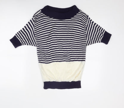 RONIT Womens Blue Boat Neck Striped Acrylic Pullover Jumper Size M