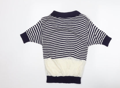 RONIT Womens Blue Boat Neck Striped Acrylic Pullover Jumper Size M