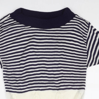 RONIT Womens Blue Boat Neck Striped Acrylic Pullover Jumper Size M