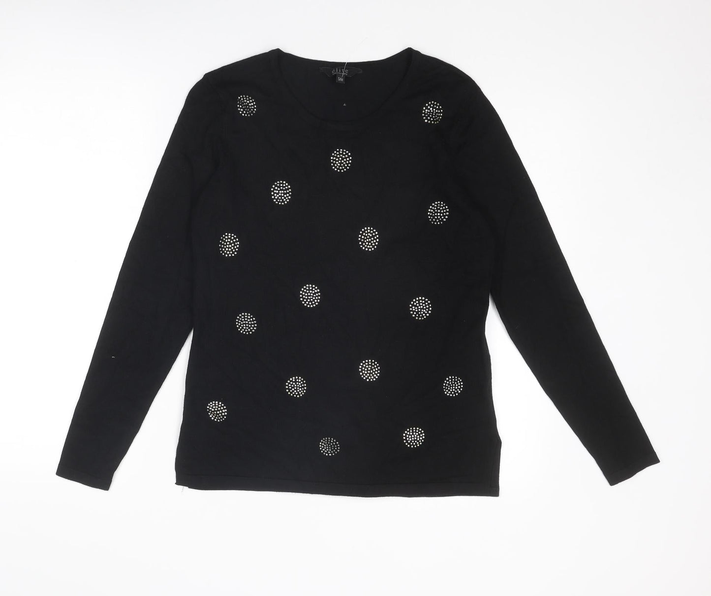 élite Womens Black Round Neck Geometric Viscose Pullover Jumper Size S - Size S-M