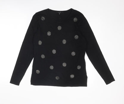 élite Womens Black Round Neck Geometric Viscose Pullover Jumper Size S - Size S-M