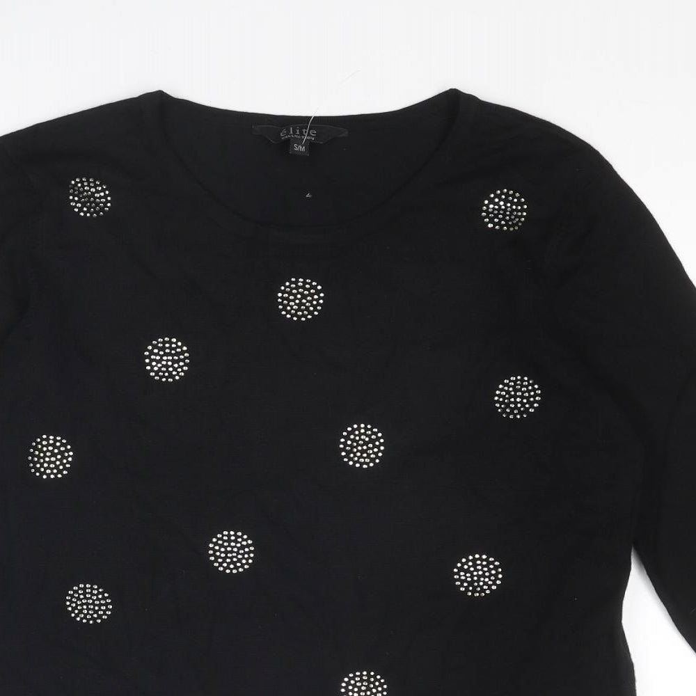 élite Womens Black Round Neck Geometric Viscose Pullover Jumper Size S - Size S-M