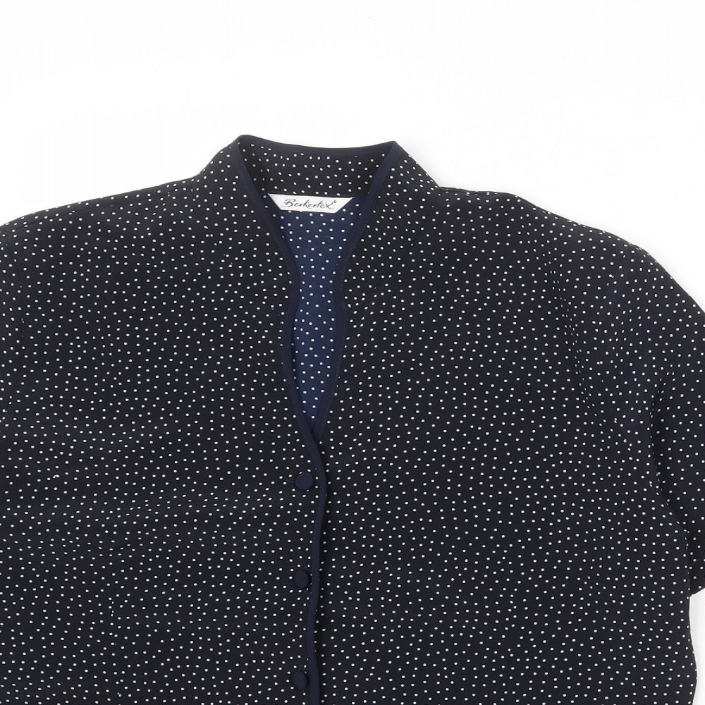 Berkertex Womens Blue Polka Dot Polyester Basic Button-Up Size 16 V-Neck
