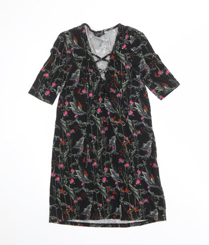 Topshop Womens Black Floral Viscose A-Line Size 10 V-Neck Lace Up
