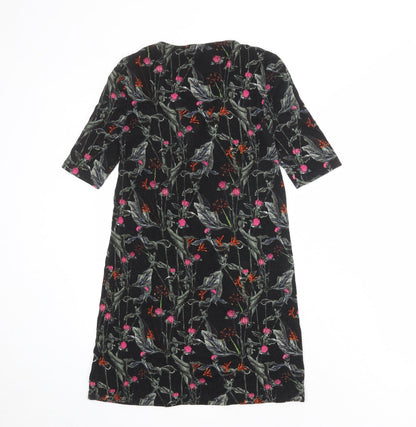 Topshop Womens Black Floral Viscose A-Line Size 10 V-Neck Lace Up