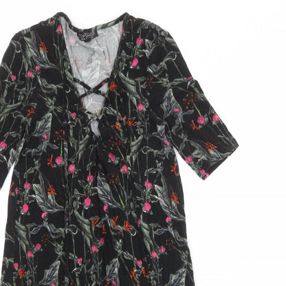 Topshop Womens Black Floral Viscose A-Line Size 10 V-Neck Lace Up