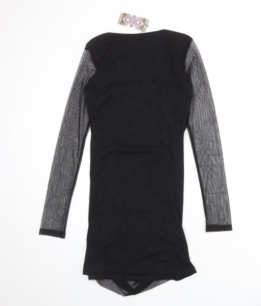 Boohoo Womens Black Polyester Shift Size 12 Square Neck Pullover - Sheer Sleeves