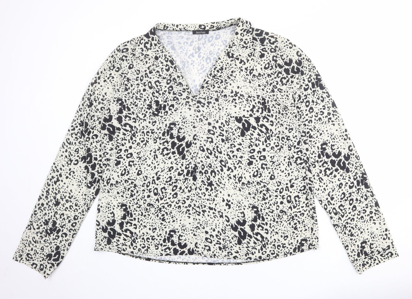 Boohoo Womens Ivory Animal Print Polyester Basic Blouse Size 16 Collared