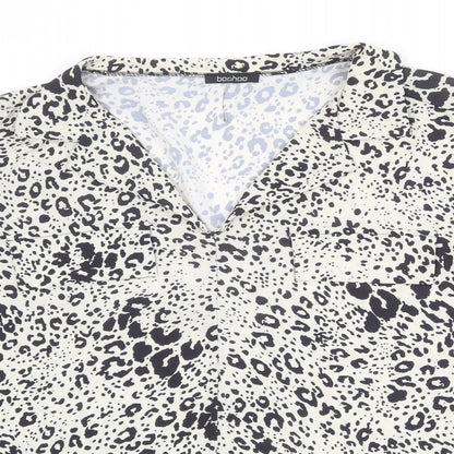 Boohoo Womens Ivory Animal Print Polyester Basic Blouse Size 16 Collared