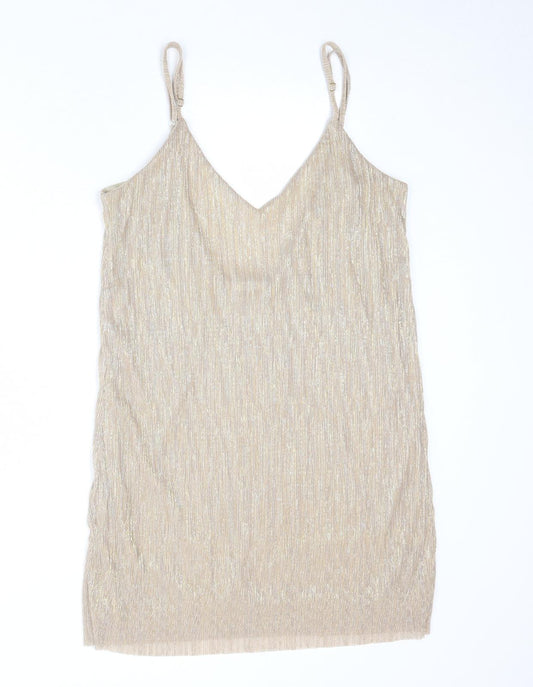 Pull&Bear Womens Gold Polyester Tank Dress Size L V-Neck Pullover - Open Back