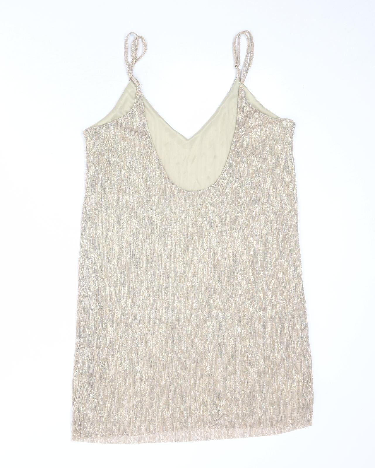 Pull&Bear Womens Gold Polyester Tank Dress Size L V-Neck Pullover - Open Back