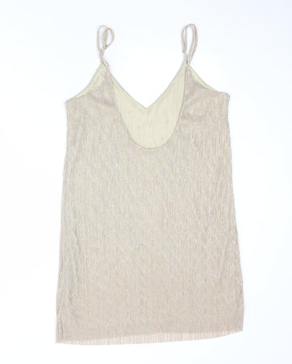 Pull&Bear Womens Gold Polyester Tank Dress Size L V-Neck Pullover - Open Back