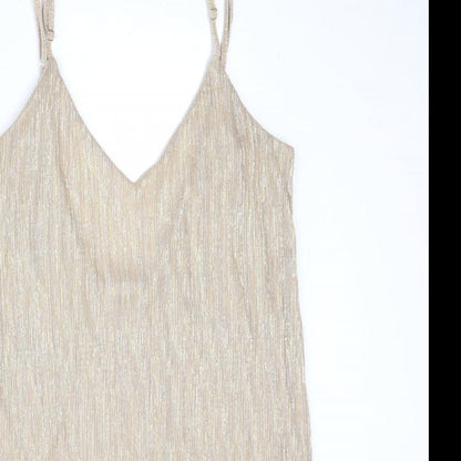 Pull&Bear Womens Gold Polyester Tank Dress Size L V-Neck Pullover - Open Back