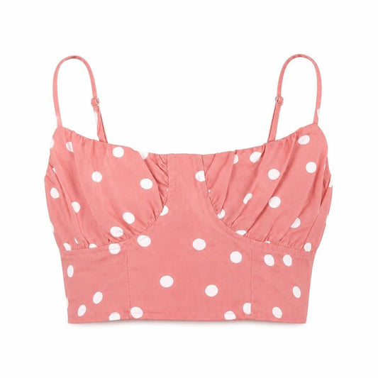 Front view of Missguided women’s pink polka dot polyester cropped tank, size UK 6, scoop neck - bralette