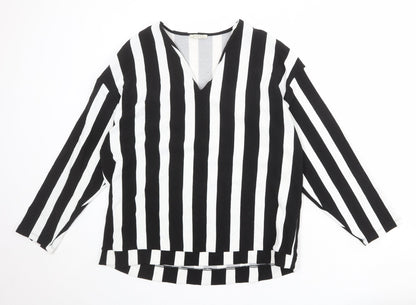 Zara Womens Black V-Neck Striped Polyester Pullover Jumper Size M