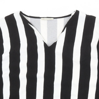Zara Womens Black V-Neck Striped Polyester Pullover Jumper Size M