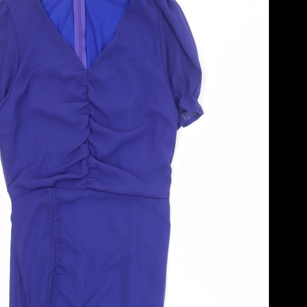 PRETTYLITTLETHING Womens Blue Herringbone Polyester Shift Size 10 V-Neck Zip