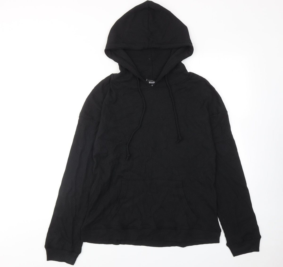 Additional front view of Missguided women’s black cotton pullover hoodie, size UK 10, pullover