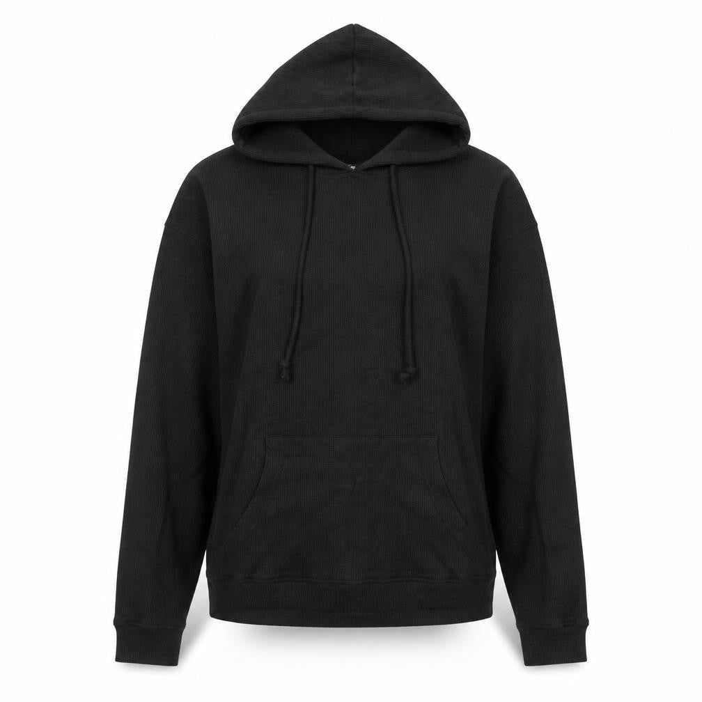 Front view of Missguided women’s black cotton pullover hoodie, size UK 10, pullover
