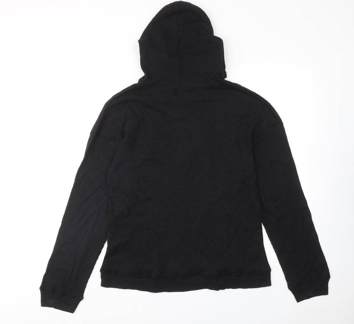 Back view of Missguided women’s black cotton pullover hoodie, size UK 10, pullover
