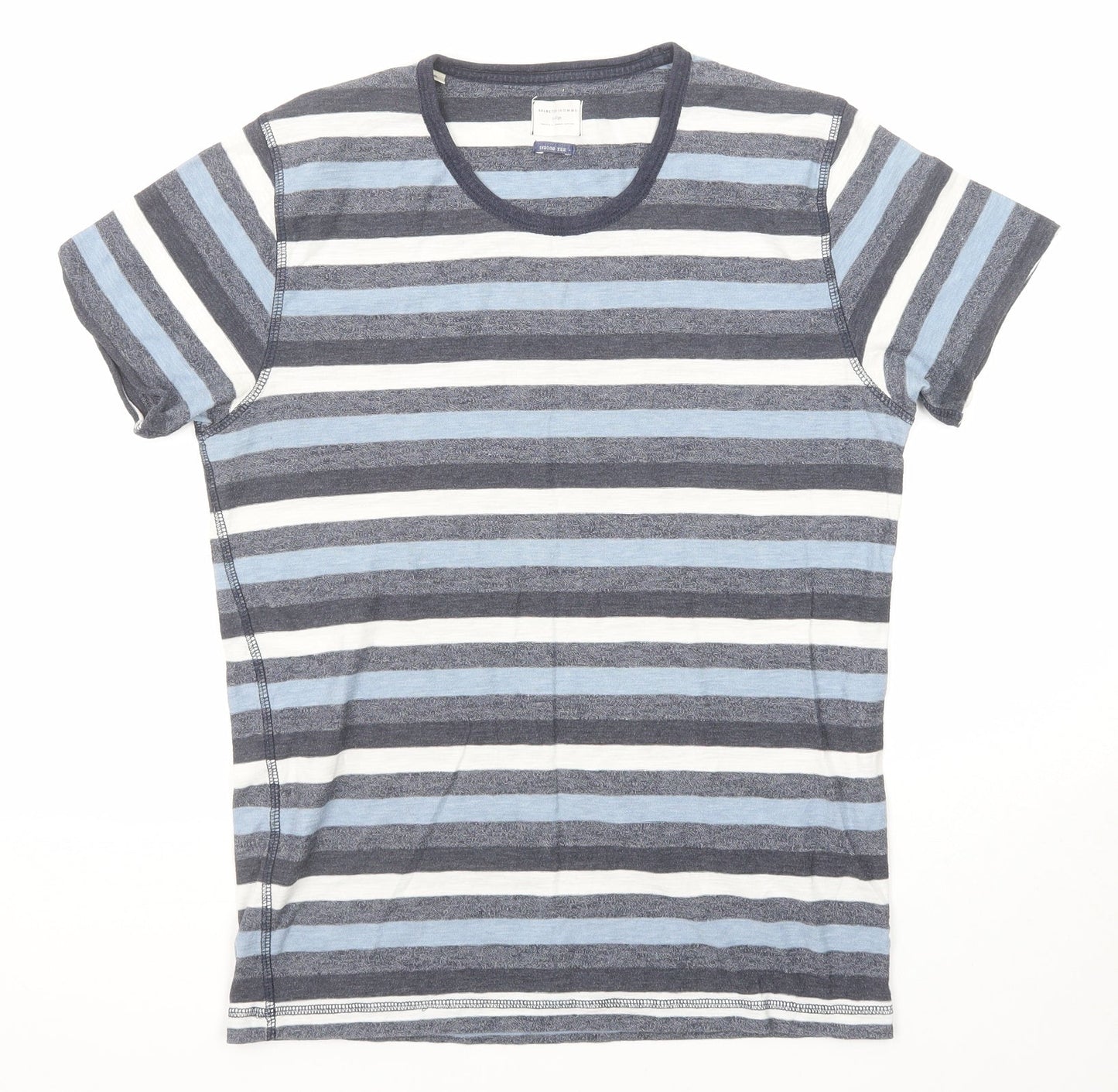 Selected Homme Mens Blue Striped Cotton T-Shirt Size S Round Neck