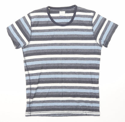 Selected Homme Mens Blue Striped Cotton T-Shirt Size S Round Neck
