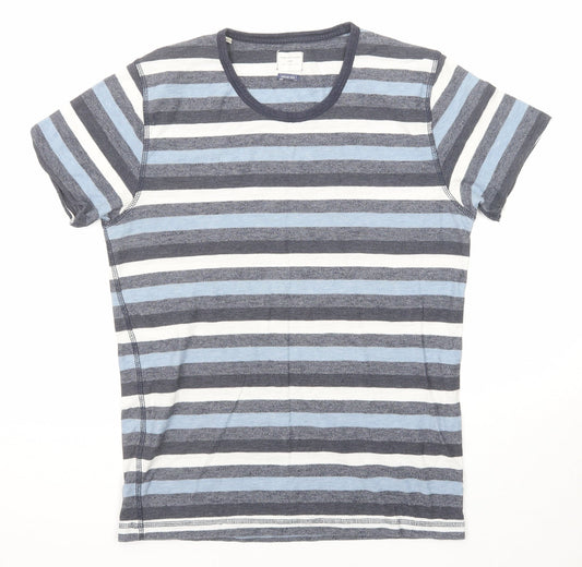Selected Homme Mens Blue Striped Cotton T-Shirt Size S Round Neck